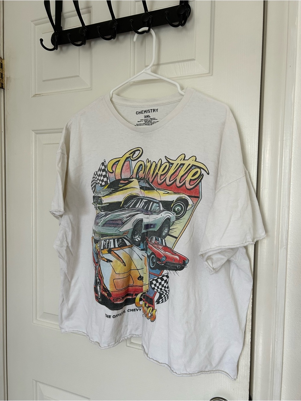 Chemistry White Short Sleeve Corvette Graphic Tee with Multicolor Car Print